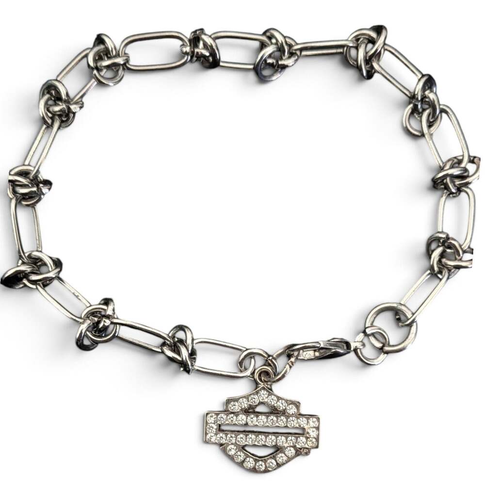 HARLEY DAVIDSON Bar & Shield Bling Charm Bracelet Rhinestone Rope Chain 7.5"